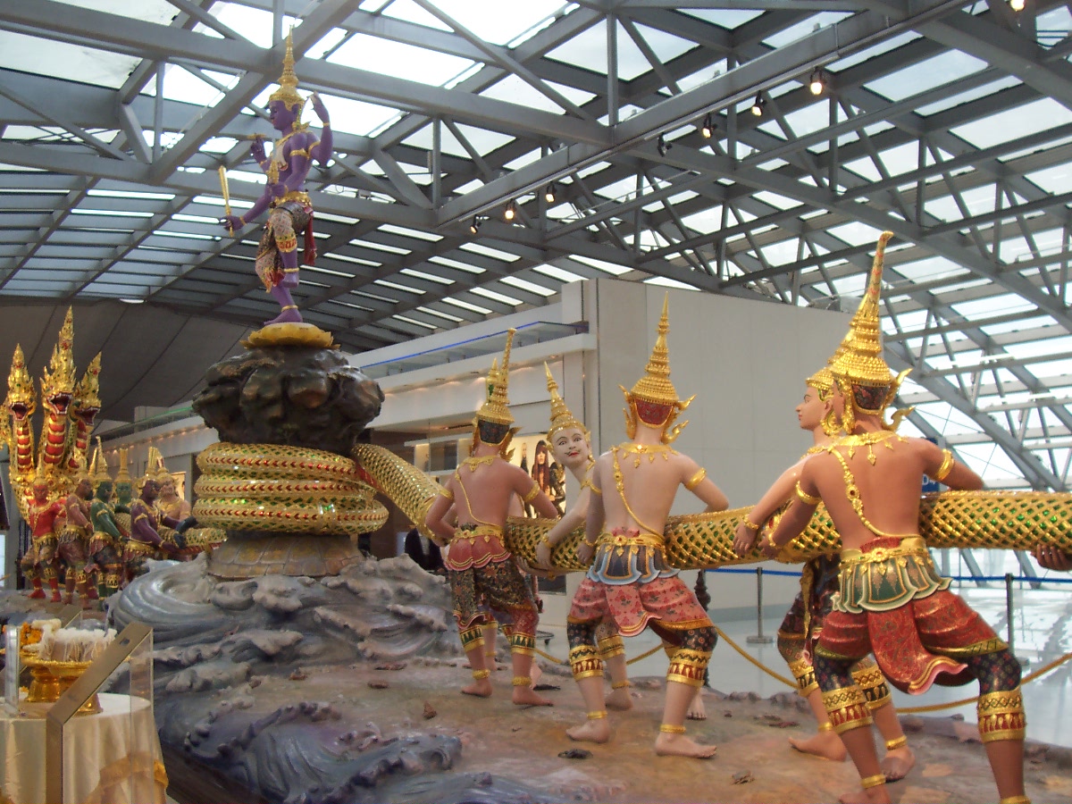 Churning of the milk ocean sculpture inside the departure hall, Suvarnabhumi airport, Bangkok, Thailand.