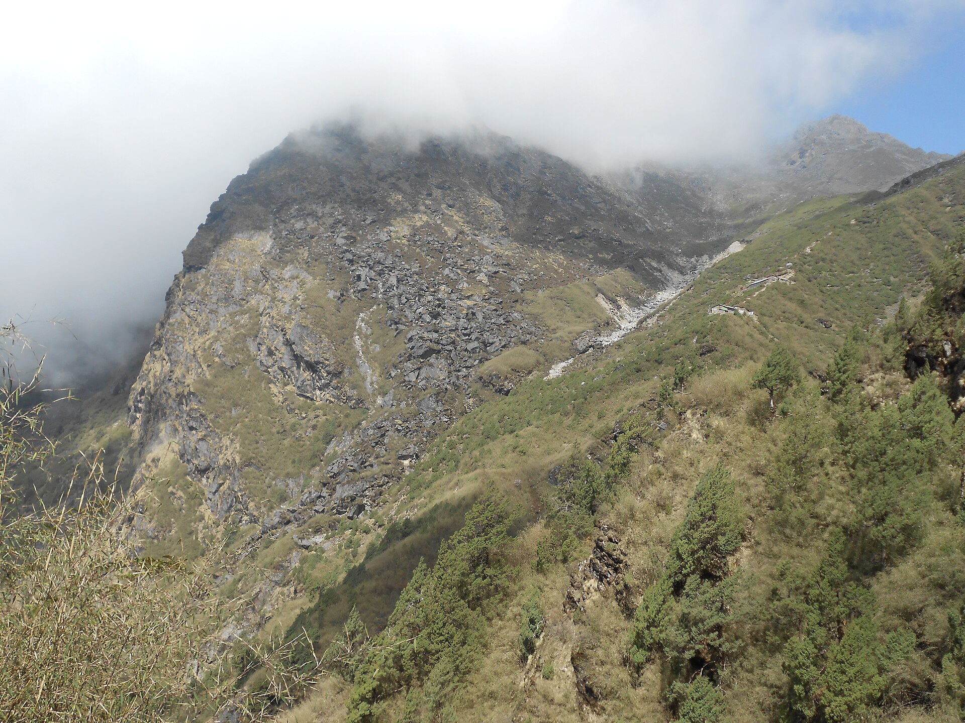 Crash Site of 311, between Ghopte and Tharepati Pass. The impact site is at the base of the white curved & vertical slip, slightly to the left of center of the photograph - between the large rock outcrops.I. Site Lat 28.055290 Lon 85.456382