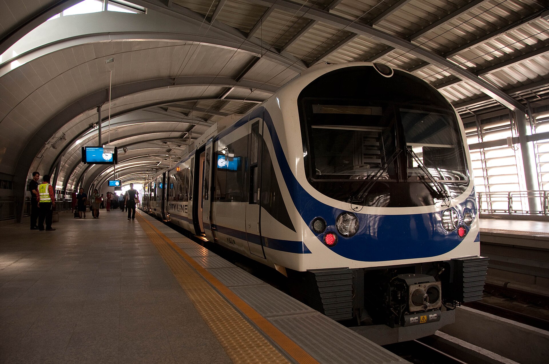 A train waits at Phaya Thai station on the the new Airport Rail Link train connecting Suvanabhumi airport with downtown Bangkok.