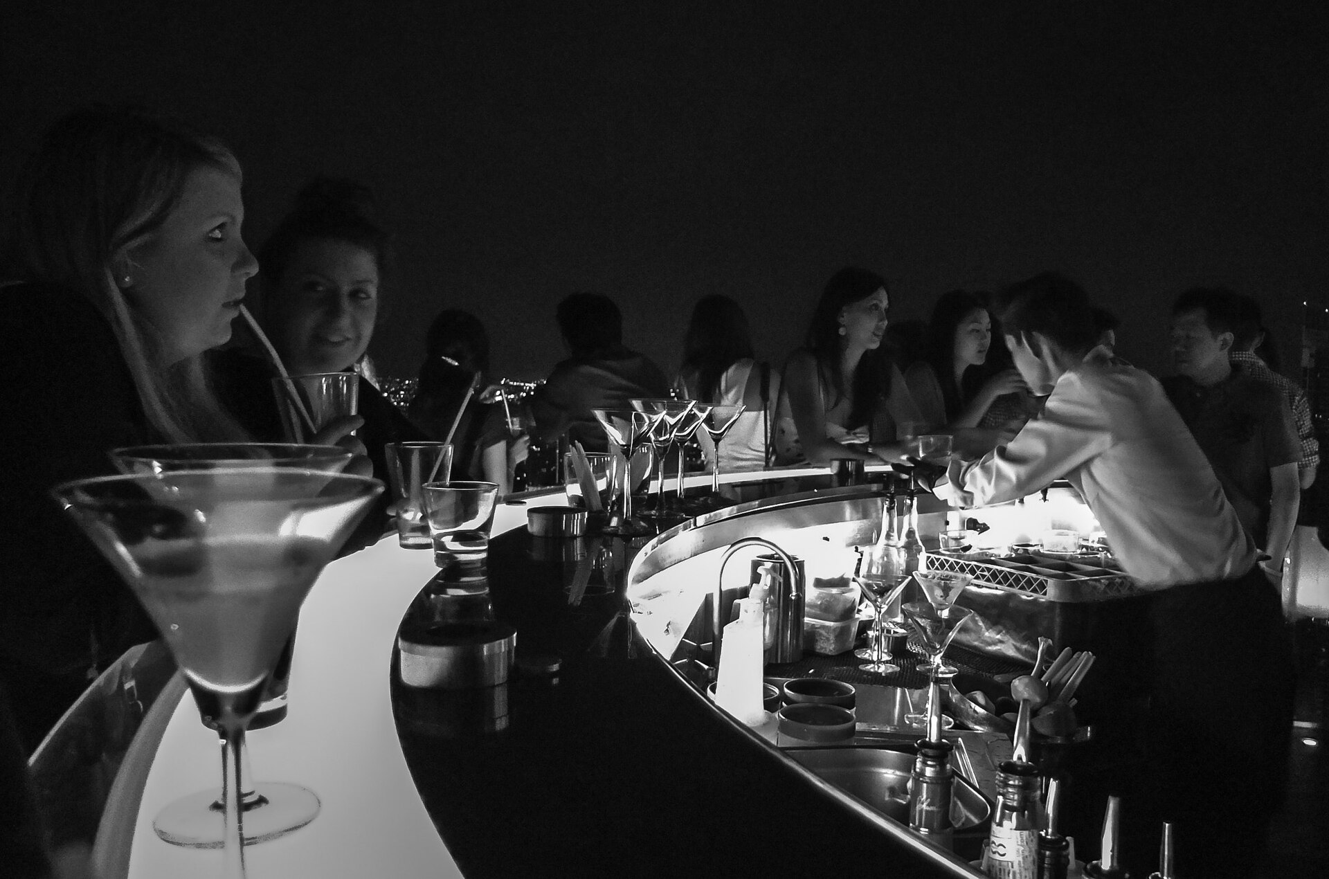 500px provided description: 'Enjoying' a drink on the 64th floor. On a glass balcony. [#travel ,#bw ,#thailand ,#bangkok ,#x10 ,#pfig]
